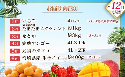 【12回定期便】旬 人気 フルーツ 南国宮崎産 マンゴー ライチ 金柑たまたまエクセレント シャインマスカット ピオーネ いちご みかん 梨 柑橘 太陽のタマゴ きんかん たまたま ぶどう 果物 詰め合わせ 宮崎県 九州 1年 毎月お届け＜Dコース M400＞