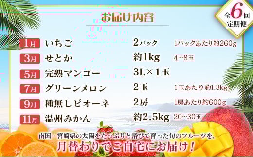 【奇数月 6回定期便】旬 人気 フルーツ 南国宮崎産 マンゴー ピオーネ いちご みかん メロン 柑橘 ぶどう 果物 詰め合わせ 宮崎県 九州＜B-1コース M210＞