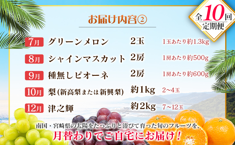 【10回定期便】旬 人気 フルーツ 南国宮崎産 マンゴー 金柑たまたま シャインマスカット ピオーネ いちご みかん 梨 メロン 柑橘 きんかん ぶどう 果物 詰め合わせ 宮崎県 九州＜E-2コース M600＞