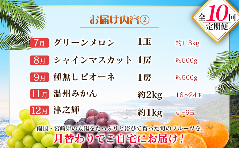 【10回定期便】旬 人気 フルーツ 南国宮崎産 マンゴー 金柑たまたま シャインマスカット ピオーネ いちご みかん 日向夏 メロン 柑橘 きんかん ぶどう 果物 詰め合わせ 宮崎県 九州＜E-3コース M700＞