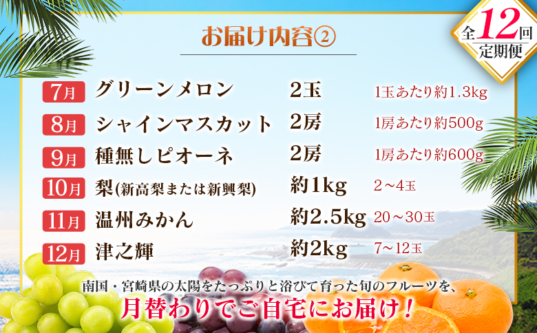 【12回定期便】旬 人気 フルーツ 南国宮崎産 マンゴー ライチ 金柑たまたま シャインマスカット ピオーネ いちご みかん 日向夏 メロン 梨 柑橘 きんかん ぶどう 果物 詰め合わせ 宮崎県 九州 1年 毎月お届け＜Bコース M200＞