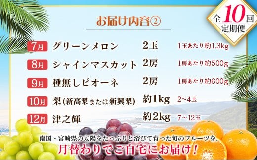 【10回定期便】旬 人気 フルーツ 南国宮崎産 マンゴー 金柑たまたま シャインマスカット ピオーネ いちご みかん 梨 メロン 柑橘 きんかん ぶどう 果物 詰め合わせ 宮崎県 九州＜E-2コース M600＞