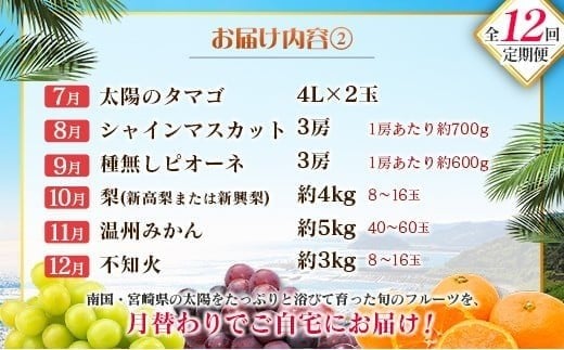 【12回定期便】旬 人気 フルーツ 南国宮崎産 マンゴー ライチ 金柑たまたまエクセレント シャインマスカット ピオーネ いちご みかん 梨 柑橘 太陽のタマゴ きんかん たまたま ぶどう 果物 詰め合わせ 宮崎県 九州 1年 毎月お届け＜Dコース M400＞