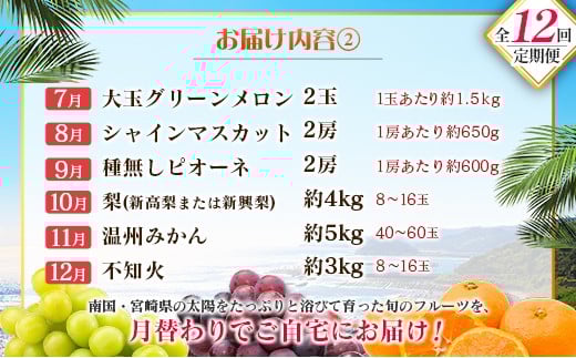 【12回定期便】旬 人気 フルーツ 南国宮崎産 太陽のタマゴ たまたまエクセレント シャインマスカット ピオーネ いちご みかん 日向夏 メロン 梨 柑橘 完熟 マンゴー きんかん たまたま ぶどう 果物 詰め合わせ 宮崎県 九州 1年 毎月お届け＜Aコース M100＞