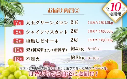 【10回定期便】旬 人気 フルーツ 南国宮崎産 太陽のタマゴ 金柑たまたまエクセレント シャインマスカット ピオーネ いちご みかん 梨 メロン 柑橘 マンゴー きんかん たまたま ぶどう 果物 詰め合わせ 宮崎県 九州＜E-1コース M500＞