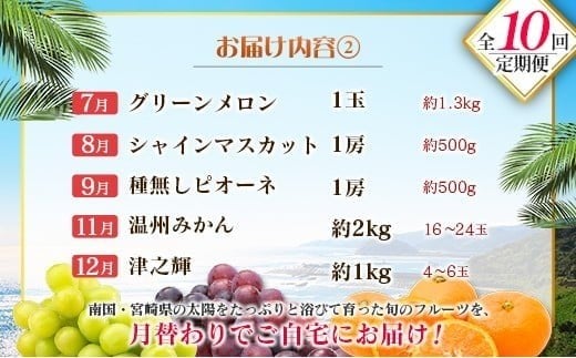 【10回定期便】旬 人気 フルーツ 南国宮崎産 マンゴー 金柑たまたま シャインマスカット ピオーネ いちご みかん 日向夏 メロン 柑橘 きんかん ぶどう 果物 詰め合わせ 宮崎県 九州＜E-3コース M700＞