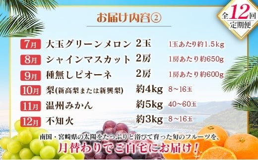 【12回定期便】旬 人気 フルーツ 南国宮崎産 太陽のタマゴ たまたまエクセレント シャインマスカット ピオーネ いちご みかん 日向夏 メロン 梨 柑橘 完熟 マンゴー きんかん たまたま ぶどう 果物 詰め合わせ 宮崎県 九州 1年 毎月お届け＜Aコース M100＞