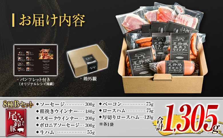 【PREMIUM PORK】 尾鈴豚 ハム ソーセージ 詰め合わせ 合計1,305g 8種 Bセット 宮崎県産
