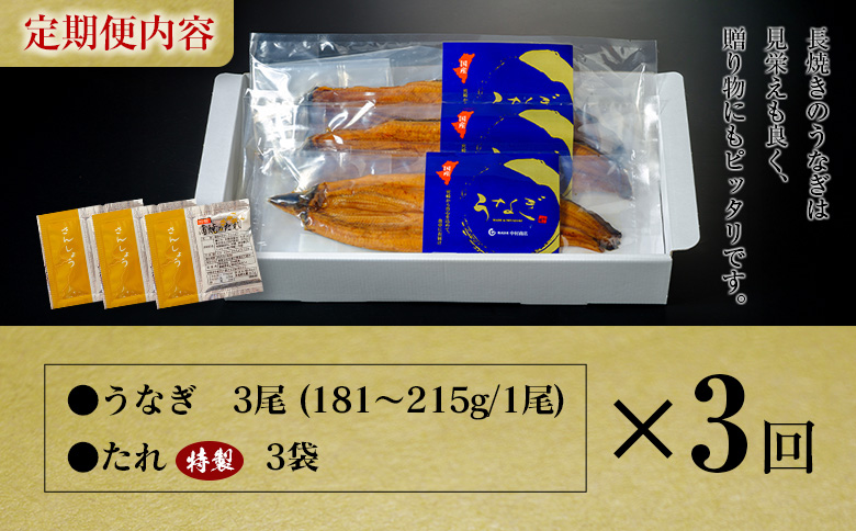 ＜定期便＞3尾×全3回 国産 うなぎ 蒲焼 有頭 計1.6kg以上（1回あたり 計543g以上） たれ付き 宮崎県産 鰻 中村商店