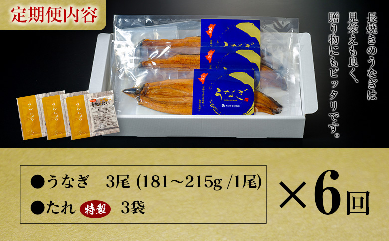 ＜定期便＞3尾×全6回 国産 うなぎ 蒲焼 有頭 計3.2kg以上（1回あたり 計543g以上） たれ付き 宮崎県産 鰻 中村商店