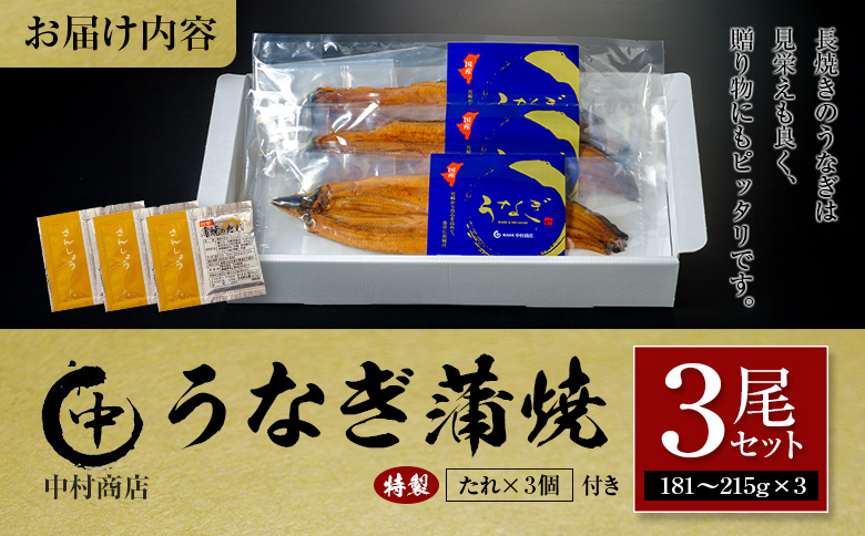 ◆中村商店 うなぎ蒲焼3尾セット 計543g以上 うなぎ蒲焼 3尾