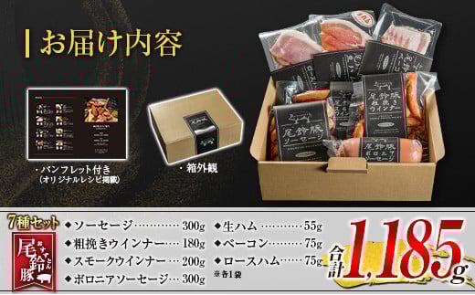 【PREMIUM PORK】 尾鈴豚 ハム ソーセージ 詰め合わせ 合計1,185g 7種 セット 宮崎県産