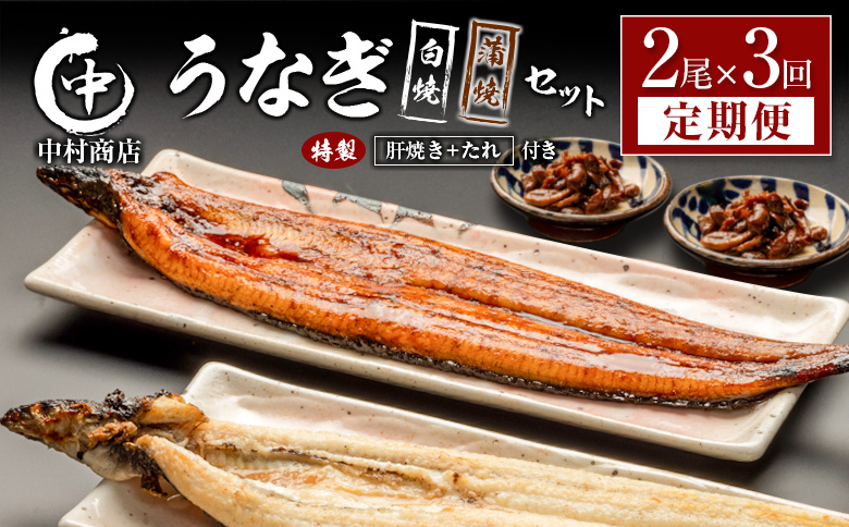 ＜定期便＞2尾×全3回 国産 うなぎ 白焼 蒲焼 セット 合計1kg以上（1回あたり 合計362g以上） 肝焼き・たれ付き 有頭 宮崎県産 鰻 中村商店