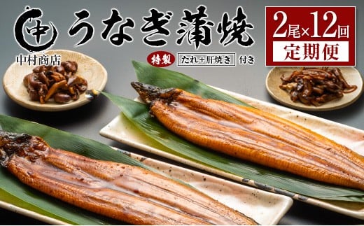 ＜定期便＞2尾×全12回 国産 うなぎ 蒲焼 有頭 計4.3kg以上（1回あたり 計362g以上） 肝焼き・たれ付き 宮崎県産 鰻 中村商店