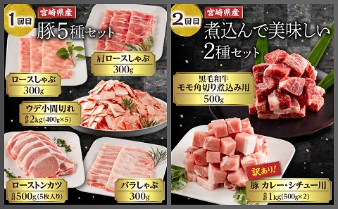 【訳あり】<定期便>宮崎県産黒毛和牛・宮崎県産豚肉 6か月コース |牛肉 牛 うし 豚肉 豚 ぶた 肉 国産 豚ローストンカツ 豚ロースしゃぶしゃぶ 豚肩ロースしゃぶしゃぶ 豚バラしゃぶしゃぶ 豚