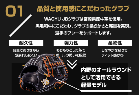 宮崎県産牛革使用 WAGYU JB 硬式用 グラブ 内野手用 JB-006S(ブラック/右投げ用)