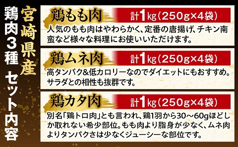 【最速便】宮崎県産鶏肉3種セット（総重量3キロ！）※小分け・カット済・真空冷凍