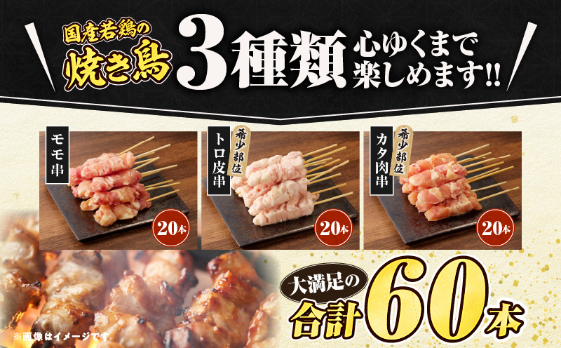 若鶏の焼き鳥3種(60本)盛り合わせ セット 詰め合わせ 食べ比べ 味比べ 焼鳥 鶏肉 肉 お肉 モモ トロ皮 カタ肉 串 串焼き BBQ キャンプ グランピング アウトドア グルメ おすすめ 宮崎市