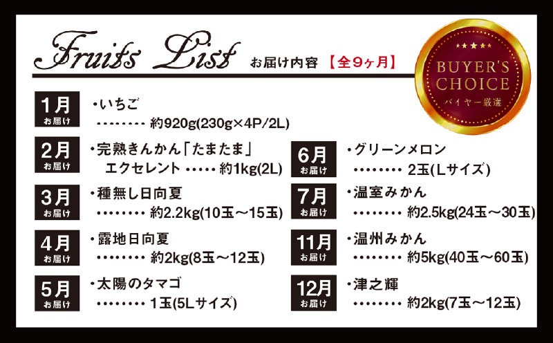 青果店厳選！「くだもの定期便Vol.3」（全9回） いちご きんかん 日向夏 マンゴー メロン みかん 津之輝