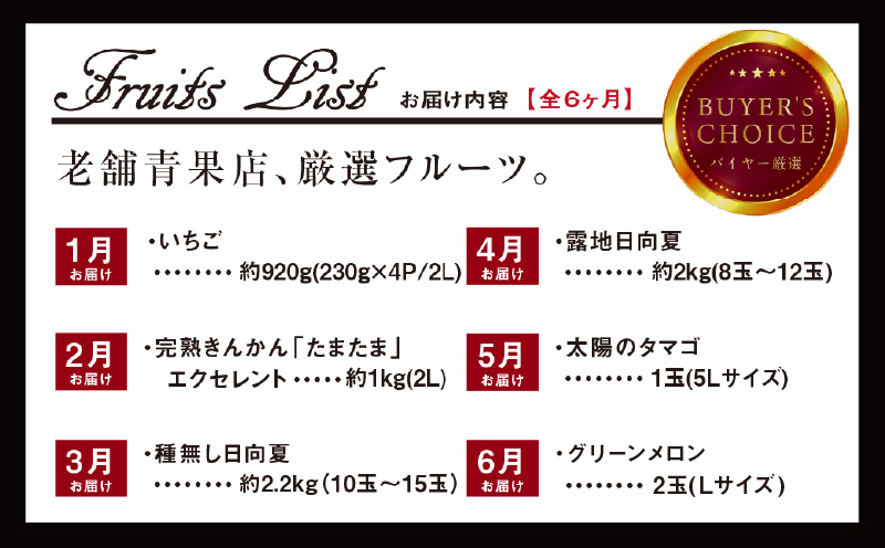 《2026年発送先行予約》【数量・期間限定】青果店厳選！「6ヶ月お届け！くだもの定期便Vol.3」 フルーツ 旬 定期便 いちご きんかん 日向夏 マンゴー メロン