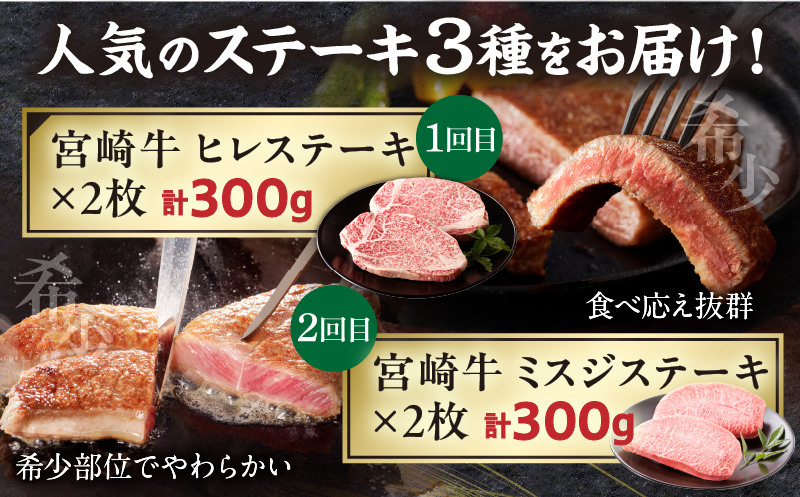 【定期便全3回】宮崎牛ステーキ食べ比べコース 宮崎牛 肉 和牛 牛肉 ヒレ ミスジ サーロイン ステーキ