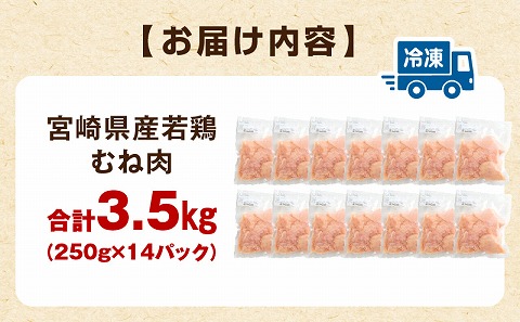 宮崎県産若鶏 むね肉 3.5kg（250g×14パック）