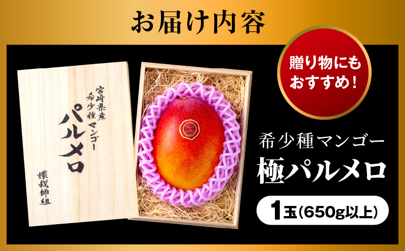 《2026年発送先行予約》【期間・数量限定】宮崎県産 希少種マンゴー (極)パルメロ 650g以上 糖度20度以上 1玉入り マンゴー 宮崎マンゴー 完熟マンゴー
