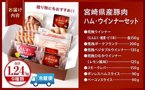 宮崎県産豚肉ハム・ウインナーセット（合計1.24kg 9種類）あらびき スモークレバー ボンレスハム