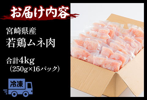 宮崎県産若鶏 むね肉 4kg（250g×16パック）