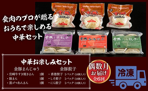 【定期便 偶数月 全6回】金豚中華お楽しみセット（宮崎牛すき焼きまん・自慢の豚まん・黒ゴマあんまん、香港餃子、しそ餃子、にら餃子　各1種類）_M166-T003-6