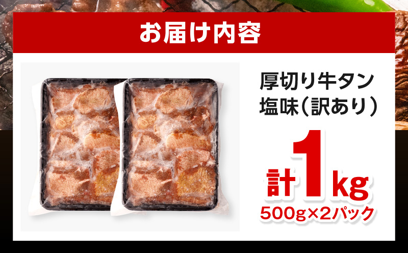 《訳あり》厚切り 牛タン 塩味 計1kg (500g×2) 牛肉 肉 精肉 味付き タン タン塩 塩タン 不揃い 規格外 小分け パック 簡単調理 焼くだけ キャンプ 焼肉 厚切り牛タン グルメ お取り寄せ 宮崎県 宮崎市