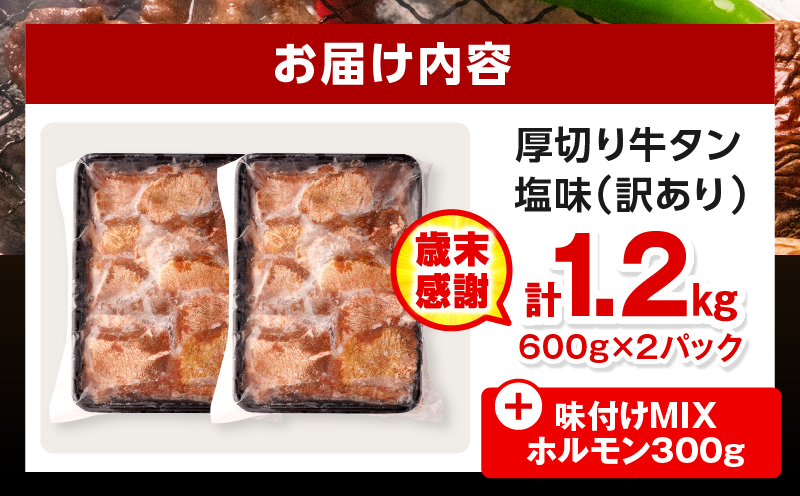 【歳末感謝】【数量・期間限定】《訳あり》厚切り 牛タン 塩味 計1.2kg 味付けMIXホルモン付き 牛肉 肉 精肉 味付き タン タン塩 塩タン 不揃い 規格外 小分け パック 簡単調理 焼くだけ キャンプ 焼肉 厚切り牛タン グルメ お取り寄せ 宮崎県 宮崎市