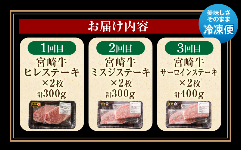 【定期便全3回】宮崎牛ステーキ食べ比べコース 宮崎牛 肉 和牛 牛肉 ヒレ ミスジ サーロイン ステーキ