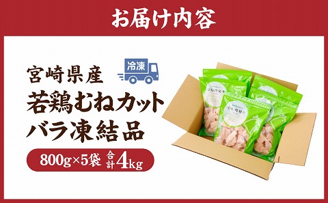 宮崎県産若鶏むねカット　バラ凍結品　4kg