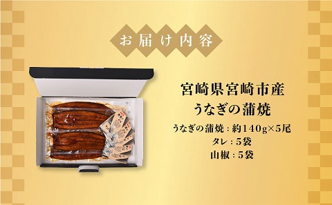 宮崎県宮崎市産　うなぎの蒲焼　約700g（約140g×5尾）タレ・山椒セット