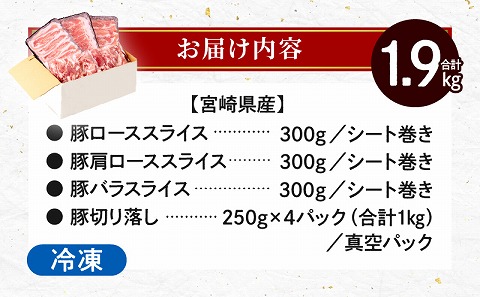 宮崎県産豚 しゃぶしゃぶ 切り落し セット 合計1.9kg