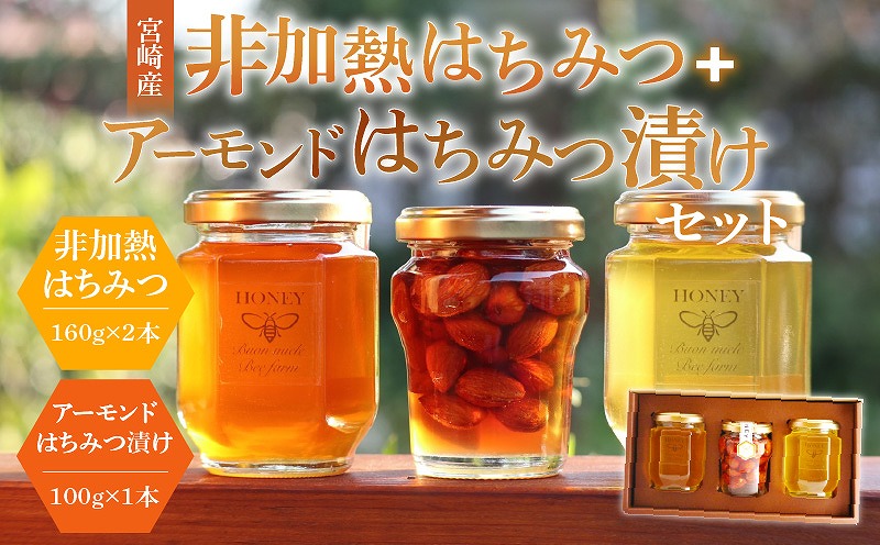 【最速便】【数量・期間限定】宮崎産非加熱ハチミツ(南国青島シリーズ)2本＋アーモンドハチミツ漬けセット 蜂蜜 国産 非加熱