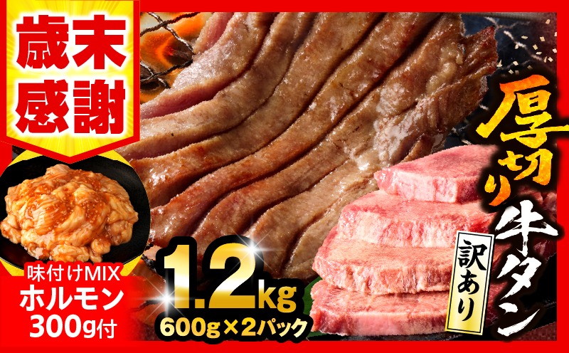 【歳末感謝】【数量・期間限定】《訳あり》厚切り 牛タン 塩味 計1.2kg 味付けMIXホルモン付き 牛肉 肉 精肉 味付き タン タン塩 塩タン 不揃い 規格外 小分け パック 簡単調理 焼くだけ キャンプ 焼肉 厚切り牛タン グルメ お取り寄せ 宮崎県 宮崎市