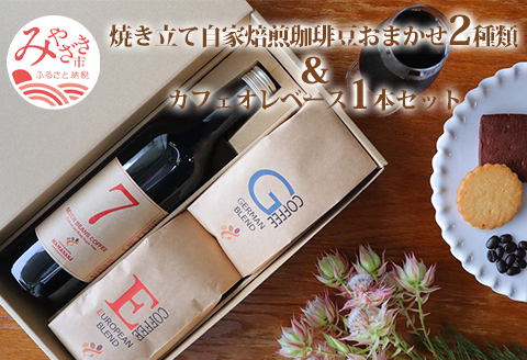 焼き立て自家焙煎珈琲豆おまかせ2種類&カフェオレベース1本セット