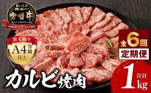 【定期便全6回】宮崎牛 カルビ焼肉 合計1kg 霜降り ブランド カルビ 焼き肉 BBQ