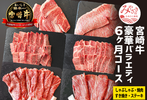 定期便 宮崎牛 豪華 バラエティ 6ヶ月 コース |牛肉 牛 肉 ウデ焼肉 肩ロース焼き肉 クラシタスライス リブローススライス サーロインステーキ ももステーキ 三角バラやき肉 もも焼肉 ももスライ