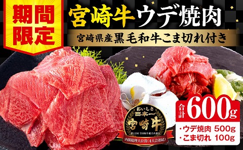 [期間限定]宮崎牛ウデ焼肉500g 宮崎県産黒毛和牛小間切れ100g 合計600g