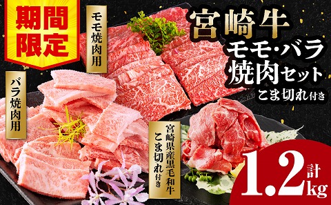 [期間限定]宮崎牛モモ焼肉500g×1 宮崎牛バラ焼肉500g×1 宮崎県産黒毛和牛小間切れ100g×2 合計1.2kg