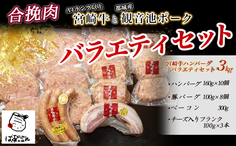 宮崎牛合挽ハンバーグとバラエティ3kgセット_17-1507
