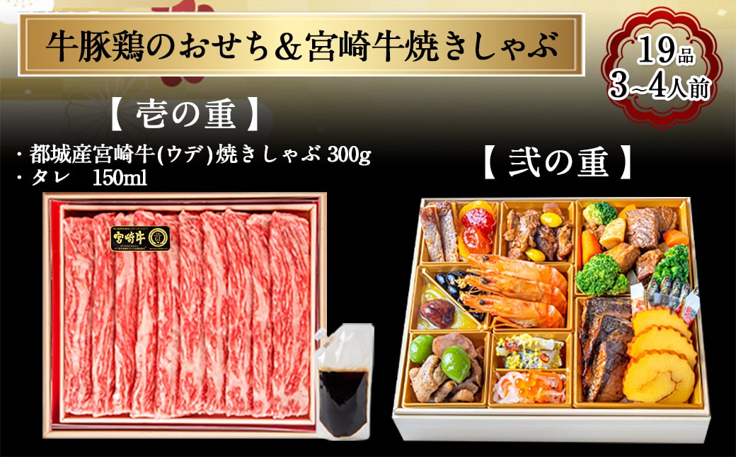 【2026★新春おせち】都城産牛・豚・鶏のおせち&宮崎牛焼きしゃぶ二段セット《12月30日お届け》3～4人前／2段重／冷凍盛付済　※オンライン決済限定_AE-1506