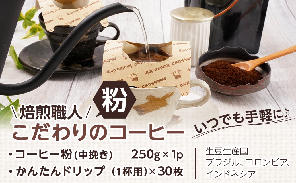 焙煎職人こだわりのコーヒー【粉】250g 小分けパック(ジッパー・バルブ付) 中深煎り※ポスト投函≪かんたんドリップ30枚付≫≪みやこんじょ特急便≫_LB-3301-Q