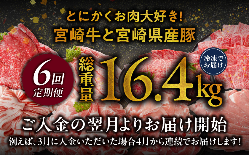 ≪6回連続お届け≫とにかくお肉大好き!宮崎牛と宮崎県産豚定期便L(総重量16.4kg)_T168-6-N201