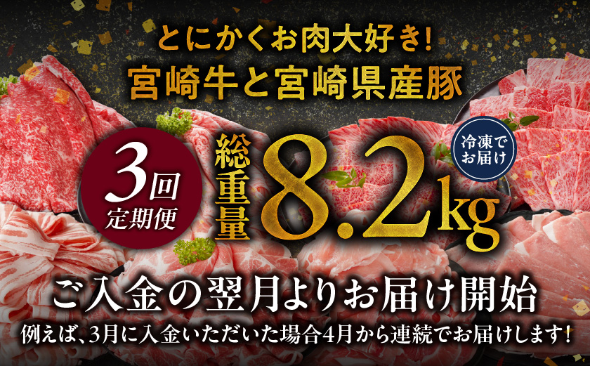 ≪3回連続お届け≫とにかくお肉大好き!宮崎牛と宮崎県産豚定期便L(総重量8.2kg)_T84-3-N201