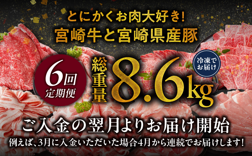 ≪6回連続お届け≫とにかくお肉大好き!宮崎牛と宮崎県産豚定期便M(総重量8.6kg)_T96-6-N201