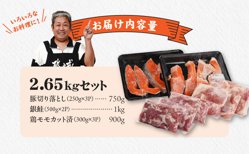 ≪肉×魚≫小分け3種セット(豚切り落とし250g×3P・鶏モモカット済300g×3P・銀鮭500g×2P)_18-8403
